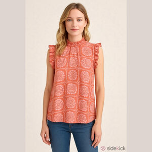 Women's Ann Taylor Coral White Medallion Ruffle Neck Blouse S